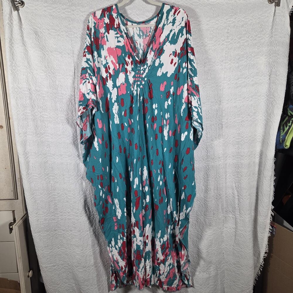 Womens Kaftan Dress One Size Teal Pink Abstract Print‎ Viscose Boho Caftan Beach